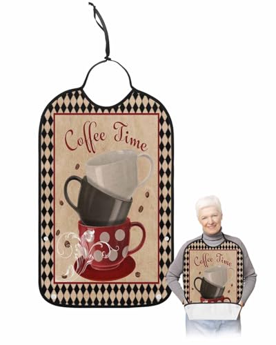 LEOKOTI Coffee Adult Bibs for Eating, Waterproof Bibs with Food Catcher & Adjustable Snap Closure, Vintage Black Plaid Red Brown Coffee Cups Washable Clothing Protectors Adult Bibs for Elderly