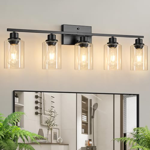 Image of Ascher Bathroom Light Fixtures, 5-Light Vanity Light Over Mirror, Matte Black Wall Sconces with Clear Glass Shades, Wall Lamp for Living Room Bedroom, E26 Base(Bulbs Not Included)