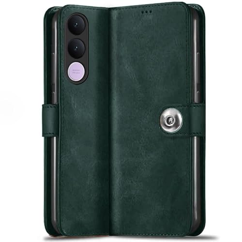 Image of TheGiftKart Genuine Leather Finish Flip Back Cover Case for Vivo V70 FE 5G | Inbuilt Pockets & Stand | Wallet Style | Designer Button Magnet Flip Back Cover Case (Faux Leather, Green)