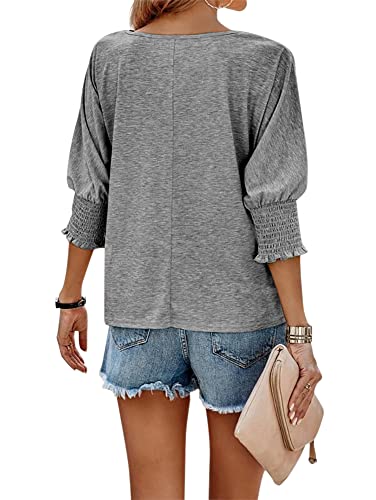 Fazortev Women's 3/4 Sleeve Casual Tops Solid Color Crew Neck Loose Fit Shirts Blouses2