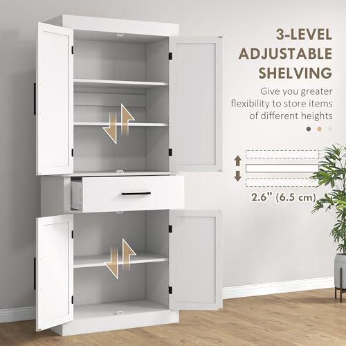 HOMCOM 72" Tall Kitchen Pantry Cabinet with Adjustable Shelves, Farmhouse Storage Cabinet with Barn Doors, Drawer and 5-Tier Shelf, Freestanding Kitchen Pantry, White