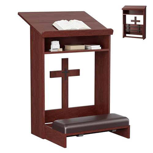 Zethvax Foldable Prayer Kneeler Wooden Prayer Bench with Storage Shelf Cushion Pad Rounded Corner Bookend and Customizable Cross Decoration Reinforced Steel Tube Base Design (Mahogany)