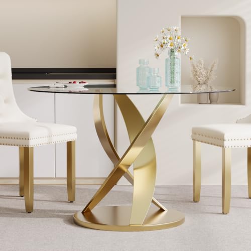 47 Inch Round Glass Dining Table for 4-6, Modern Round Kitchen Table with Tempered Glass Tabletop and Gold Base, Easy to Assemble and Clean, for Kitchen, Living Room, Dining Room, Small Space