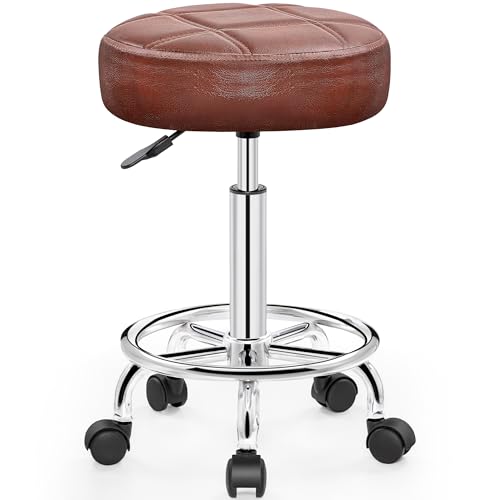 Rolling Stool with Wheels, PU Leather Small Office Chair with Foot Rest,Versatile Adjustable Swivel Stool for Tattoo Massage Salon Spa Teach Medical Facial Office Home Work Kitchen Ember Bro