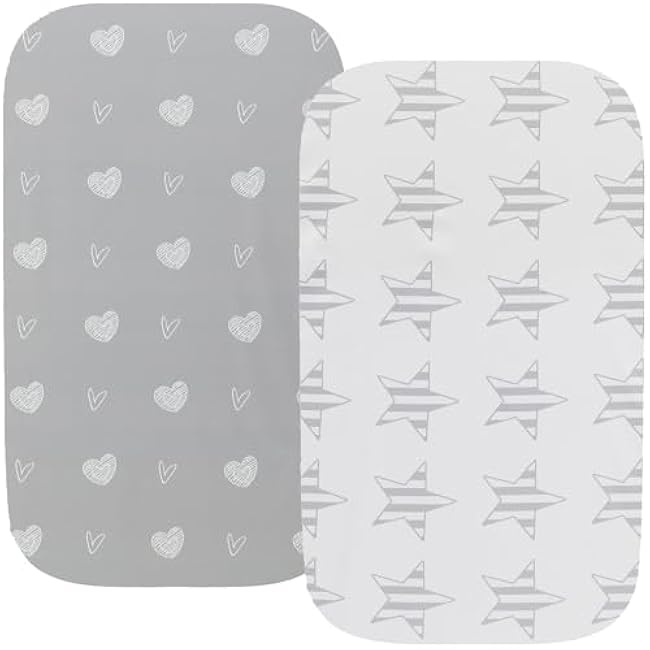 Waterproof Bassinet Sheets, No Need for Bassinet Mattress Pad Cover, 2 Pack Stretch Jersey Knit Super Soft fit for Cradle Oval Rectangle Hourglass Mattress Grey Love & Stars