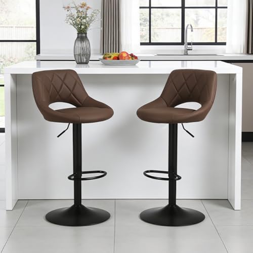 Chummaven Set di 2 Sgabelli Bar Moderni in Tessuto, Sgabelli Cucina Regolabili in Altezza con Schienale Aperto, Sedie Bar Girevoli Imbottite con Poggiapiedi Base Nero Opaco per Isola Bancone, Marrone