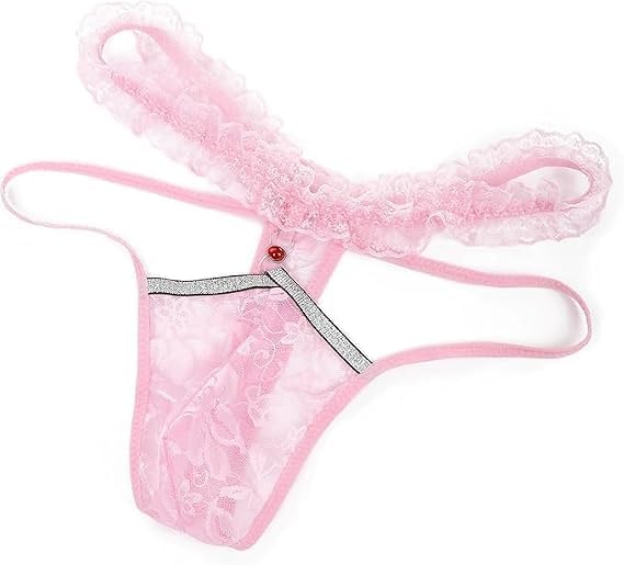 Men's lace-edged sexy underwear, transparent mesh shorts, feminine G-shaped lingerie, alluring fun lingerie, transvestite pink version