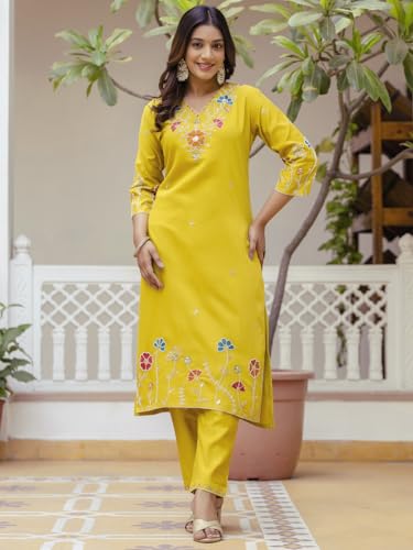 Image of VredeVogel Women's Beads Embroidered Silk Blend Kurta Pant Set with Organza Dupatta | Perfect for Festive & Casual Ethnic Kurta Set for Women