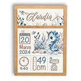 XLYZE Cuadro Natalicio Bebe Personalizado Madera, Regalo Recien Nacido, Detalle Nacimiento Niño y Niña, Cuadro Bebé Animales con Datos, Madera con Fecha Nacimiento Bebé (Caballito de Mar)