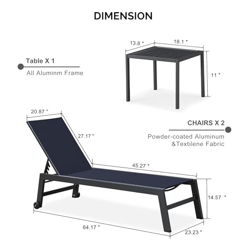 Image of PURPLE LEAF Patio Lounge Chairs Set of 2 with Wheels, Adjustable, Navy Blue | Rolling Wheels for Move, Quick-dry Breathable Textilene, Rustproof Aluminum Frame, UV-Blocked, Easy-Clean, Non-Slip Feet