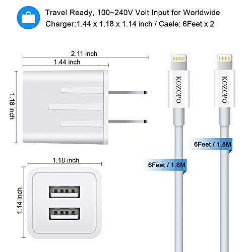 iPhone Charger, KOZOPO Lightning Cable 6FT(2-Pack) Fast Charging Data Sync Transfer Cord with 2 Port USB    Plug Wall Charger Travel Adapter Compatible with iPhone 11 Pro Max XS XR X 8 7 Plus 6S 6 iPad