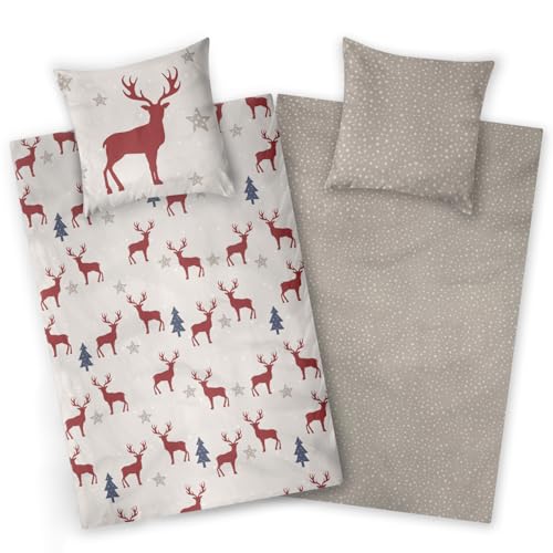 Aminata kids Biber Hirsch-Motiv Bettwäsche 135x200 Baumwolle Grau Rot - Winter Bettwäsche Warm - Weihnachten - Elch Rentier Kinder Erwachsene warm weich