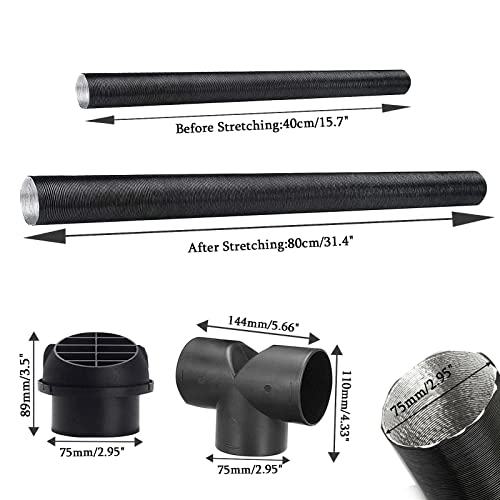 75mm Diesel Heater Pipe Ducting, HDWS Diesel Heater Air Duct Hose, Car Heater Duct Warm Air Outlet Vent T-Shaped Tee Telescopic Hose Clips for Webasto Eberspacher Parking Diesel Heater