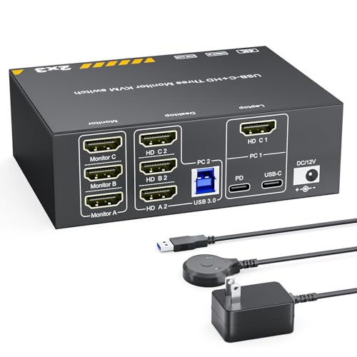 KVM Switch 3 Monitors for 1 Laptop and 1 Desktop 4K@60Hz, USB C HDMI Three Monitor KVM...