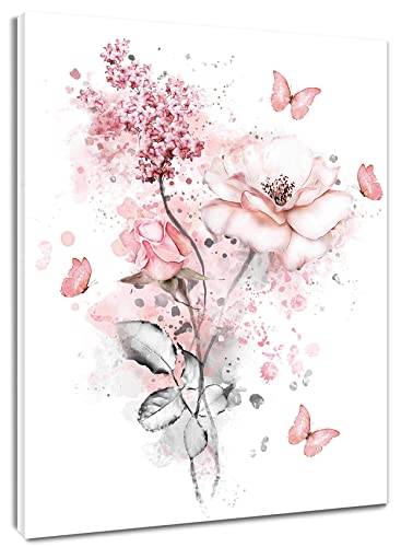 LB Pink Flower Wall Art Pink Butterfly Grey Leaf Canvas Wall Art for Bedroom Fantasy Floral Painting Wood Framed Prints Wall Decor for Living Room Bathroom,12x16 inches