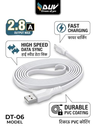 Image of DUV Unbreakable 45W / 2.8A Fast Charging 1 Braided Micro USB Cable for Smartphones, Tablets, Laptops & Other Micro USB Devices, 480Mbps Data Sync, Quick Charge 3.0 (RCM15, White)