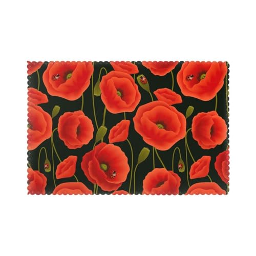 Lot de 6 sets de table imprimés coquelicots pour table de salle à manger, résistants à la chaleur, lavables et antidérapants