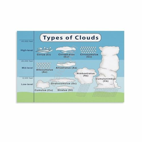 Educational Clouds Poster Set of 14 Different Cloud Types Canvas Wall-Art for Home Decor(Framed,12x18inch(30x45cm))