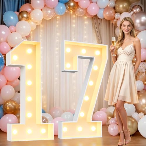 Image of Pooqla 4FT Marquee Numbers, Large Light Up Number 17th Birthday Party Decor | Warm White LED Marquee Light Up Numbers 4 Feet Tall, Party Decorations for 17th 71st Birthday Anniversary Photo Backdrop