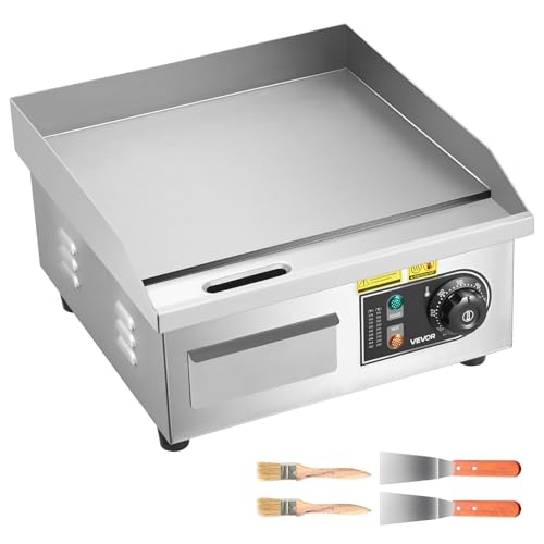 Image of VEVOR Commercial Electric Griddle, 13.98 x 11.81 inch, 1750W, 122-570F Adjustable Temp Control, Stainless Steel Countertop Flat Top Grill with 2 Spatulas and 2 Brushes, for Steak, Pancake, Squid