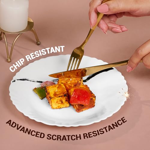 Image of Treo by Milton Opalware Aurelia Stria Dinner Set of 6 | Serving for 2 | Microwave & Dishwasher Safe | Bone-Ash Free | Tempered Toughness | Plates & Bowls | Crockery Set for Dining & Gifting | White