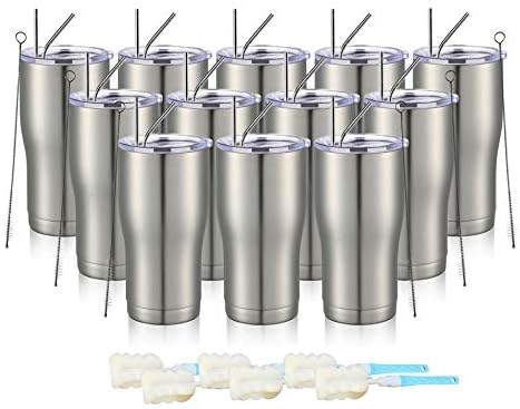 MEWAY 20oz Stainless Steel Tumblers 12 Pack Bulk, Vacuum Insulated Coffee Cup with Lid ,Double Wall Powder Coated Travel Mug Gift,Thermal Cups Keep Drinks Cold & Hot(Silver,Set of 12)