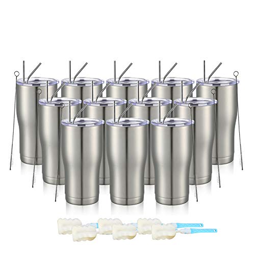 Meway 20Oz Stainless Steel Tumblers 12 Pack Bulk, Vacuum Insulated Coffee Cup With Lid ,Double Wall Powder Coated Travel Mug Gift,Thermal Cups Keep Drinks Cold & Hot(Silver,Set Of 12) #TOP3