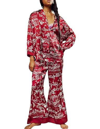 Image of Yimoon Satin Pajama Set for Women Silk Pajamas Set 2 Piece Floral Cute Pj Set Long Sleeve Pjs Sleepwear