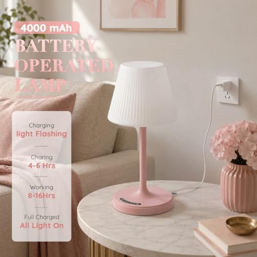Image of Waterproof Shower Lamp, 4000mAh Cordless Table Lamp, 3-Color Dimmable -Pink | touch dimmable, weighted base, bathroom shower light, patio dinner, RV camping, charge your phones, memory night light