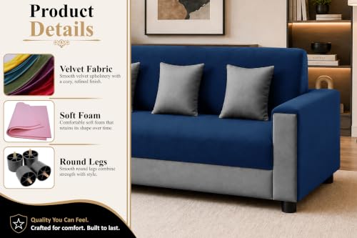 Image of Modern 3 Seater Sofa | Contemporary Upholstered Couch | Premium Cushioned Seating | Stylish Armrest Design | Comfortable Sofa for Living Room, Bedroom & Office - Blue + Grey Color