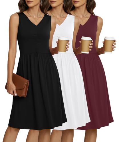 Image of NILOUFO Sleeveless Dress for Women Summer Knee Length Sundress with Pockets | Sundresses for Women Tank Empire Waist Sun Dress Cold Shoulder Casual V Neck Midi Dress Flowy Summer Dresses for Women