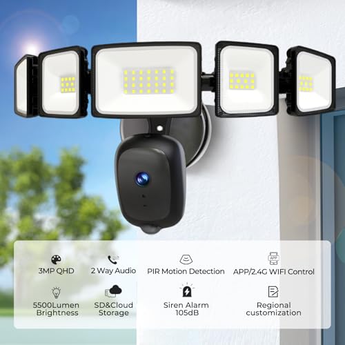 iMaihom Floodlight Camera Outdoor Wired, 2K QHD Security Cam with Motion-Activated, 5500LM Brightness 5 Heads Lamp, Color Night Vision, 2-Way Audio, Cloud/SD Storage