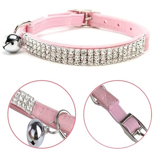 CHUKCHI Soft Velvet Safe Cat Adjustable Collar Bling Diamante with Bells,11 inch for Small Dogs and Cats (Pink)