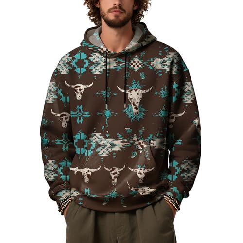 Men's Western Aztec Sweatshirts Hoodies Casual Loose Hooded Pullover Fall Fleece Oversized Pullover with Pockets
