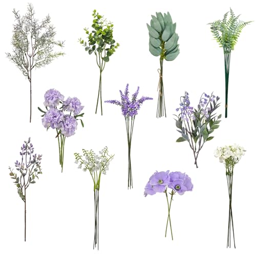 ROLLWAY 47 Stück Kunstblumen wie Echt in Lila，Künstliche Blumen Strauß Seidenblumen Blumenstrauß – Fake Blumen und Zweig Eukalyptus Lavendel für Vase, Deko Wohnzimmer, Hochzeit, Tischdeko, Geschenk