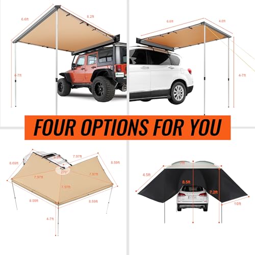 VEVOR Vehicle Awning 270 Degree 8.2' Roof Rack Pull-Out Retractable Sun Shade Height Adjustable, PU3000mm UV50+ Weatherproof Car Side Awning for SUV Camping (Hardware Included), Waterproof Storage Bag