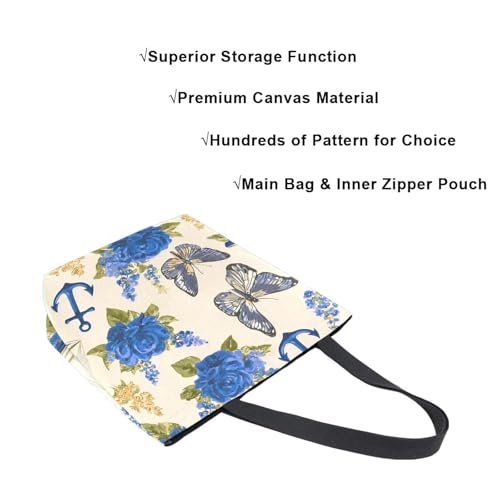 Extra Large Shoulder Tote Bag for Beach Travel Weekender Gym Ancho R Flowers Pattern Blue Beige Reusable Grocery Canvas Shopping Bag4