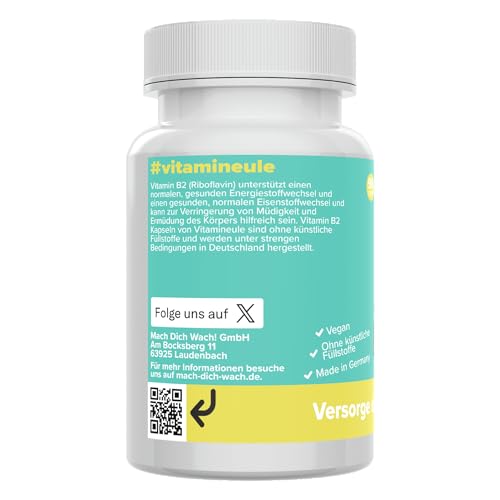 Vitamin B2 Kapseln - hochdosiert 200 mg Riboflavin - bioaktiv & vegan - Produktion in Deutschland - ohne Zusatzstoffe & laborgeprüft - für Erwachsene & Kinder - Kapseln statt Tropfen - Vitamineule