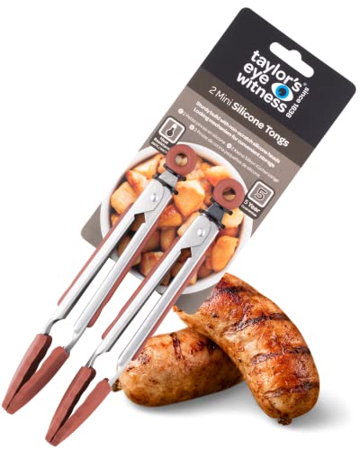 Taylors Eye Witness 2 Small Steel Baked Clay Silicone Tongs - Dishwasher Safe. Sturdy Build, Non-Scratch Heads, Convenient Lock Mechanism. Odour, Stain & Heat Resistant (260C/500F). 5 Year Guarantee