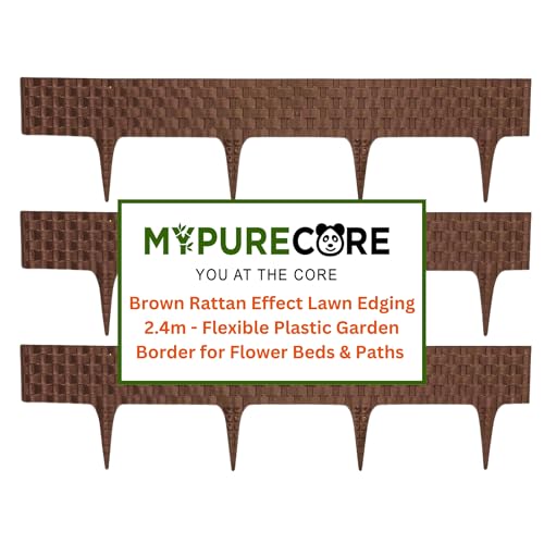 MYPURECORE Brown Rattan Effect Lawn Edging 2.4m - Flexible Plastic Garden Border for Flower Beds & Paths | Weather-Resistant & Recyclable Palisade | Easy Install Edging for Grass, Gravel & Landscape