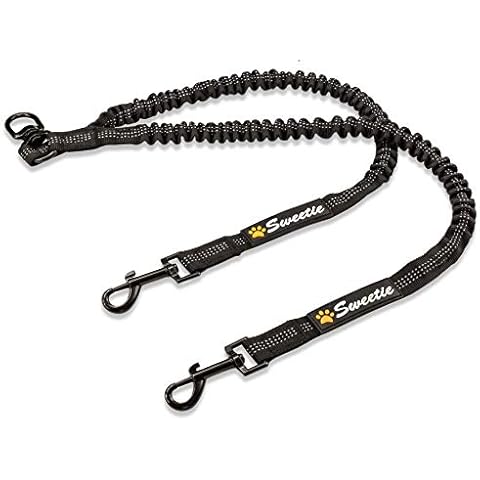 Sweetie Dog Lead Splitter - Dual Shock Absorbing Bungee Double Leash Coupler - Perfect Leads for Walking 2 Small to Medium Dogs on One Lead - No Tangle 360° Swivel Clip - Reflective Stitching Cover