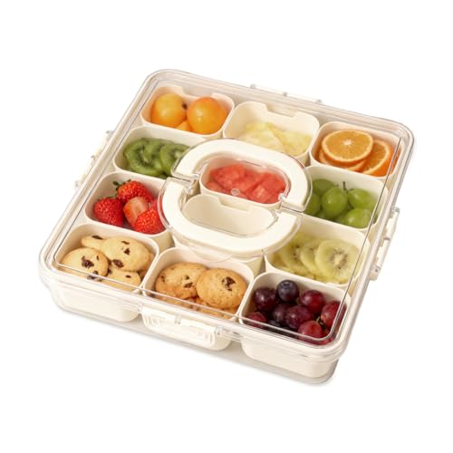 Msiud Caja de Aperitivos con 12 Compartimentos, Bandeja para Aperitivos Snack Box Cuenco PortáTil Tapa y Asa Bento Para Picnic Caja Almacenamiento Dulces Frutas Galletas Verduras