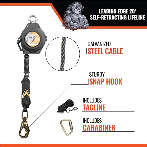 Image of Malta Dynamics Edgehog Self Retracting Lifeline - 20' Leading Edge Fall Protection Yoyo Cable, Class 2 Retractable Lanyard with Quick-Action Brake, OSHA and ANSI Compliant Safety Lanyard
