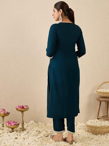 Image of INDO ERA Women's Viscose Rayon Floral Embroidered Straight Calf Length Kurta & Pant Set (IESTR11471)