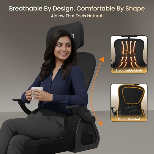 Image of Spark Ergonomic High Back Office Chair with 3D Adjustable Armrest, Adjustable Headrest, Lumbar Support, Revolving Mesh Chair - Home & Office | 3 Years Warranty (Black)