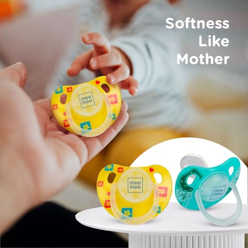 Image of Mee Mee Baby Silicone Pacifier | Orthodontic Nipple for Oral Stimulation | Unique Shape to Support Psychological Breathing | Soother for Babies | Easy to Clean | 0-18 Months (Yellow /Green) Pack of 3