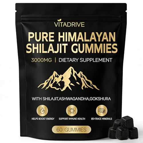 Vitadrive Himalayan Natural Shilajit Gummies Shilajit Gold Gummies Energy Boost 85+ Trace Minerals and Fulvic Acid for Energy Boost All-Natural Sugar-Free Vegan for Men & Women 60 Count