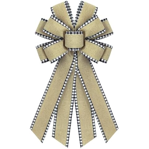 chmacura Natural Burlap Wreath Bow Buffalo Plaid Edge Bows Wedding Farmhouse Bow Tree Ornament for Home Front Door Decorations Cover