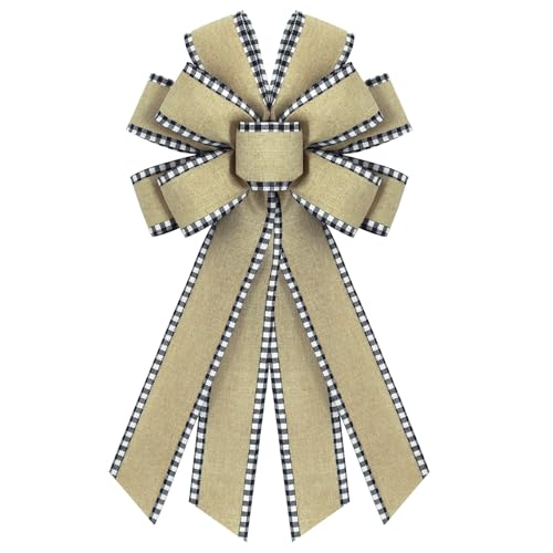 chmacura Natural Burlap Wreath Bow Buffalo Plaid Edge Bows Wedding Farmhouse Bow Tree Ornament for Home Front Door Decorations