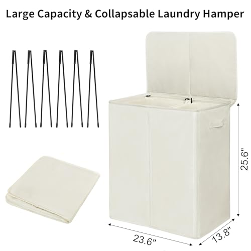 Image of WOWLIVE 140L Double Laundry Hamper with Lid and Removable Laundry Bags, Large Dirty Clothes Hamper 2 section Collapsible Laundry Basket Dorm Room Storage for Bedroom, Bathroom, College,Beige